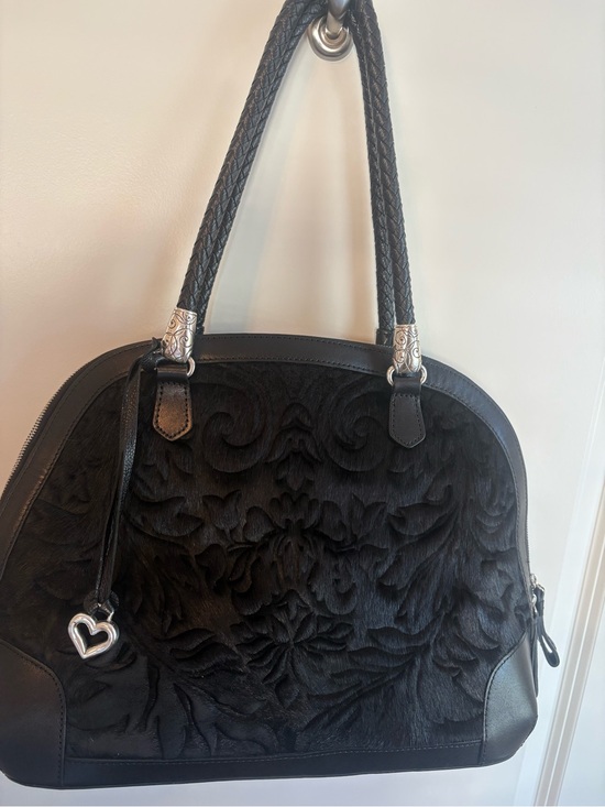 Brighton Handbags - Brighton Black Embossed Floral Dome Satchel with Heart Charm